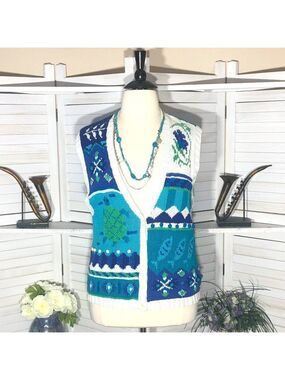 Vintage 90s knit vest cotton teal blue mermaid cottage ocean theme boho fairy XL